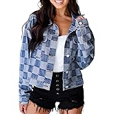 Ecosunny Womens Casual Long Sleeve Button Down Shirt Jacket Checkered Patchwork Denim Jacket Lightweight Coat Tops