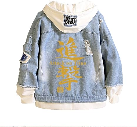 Amazon 進撃の巨人 Attack On Titan デニムジャケット デニム ジャケット フード付き フェイクインナー プリント パーカー ダメージ オーバーサイズ ブルゾン おしゃれ コスプレ レディース メンズ 学生 春 秋 L コスプレ 仮装 通販