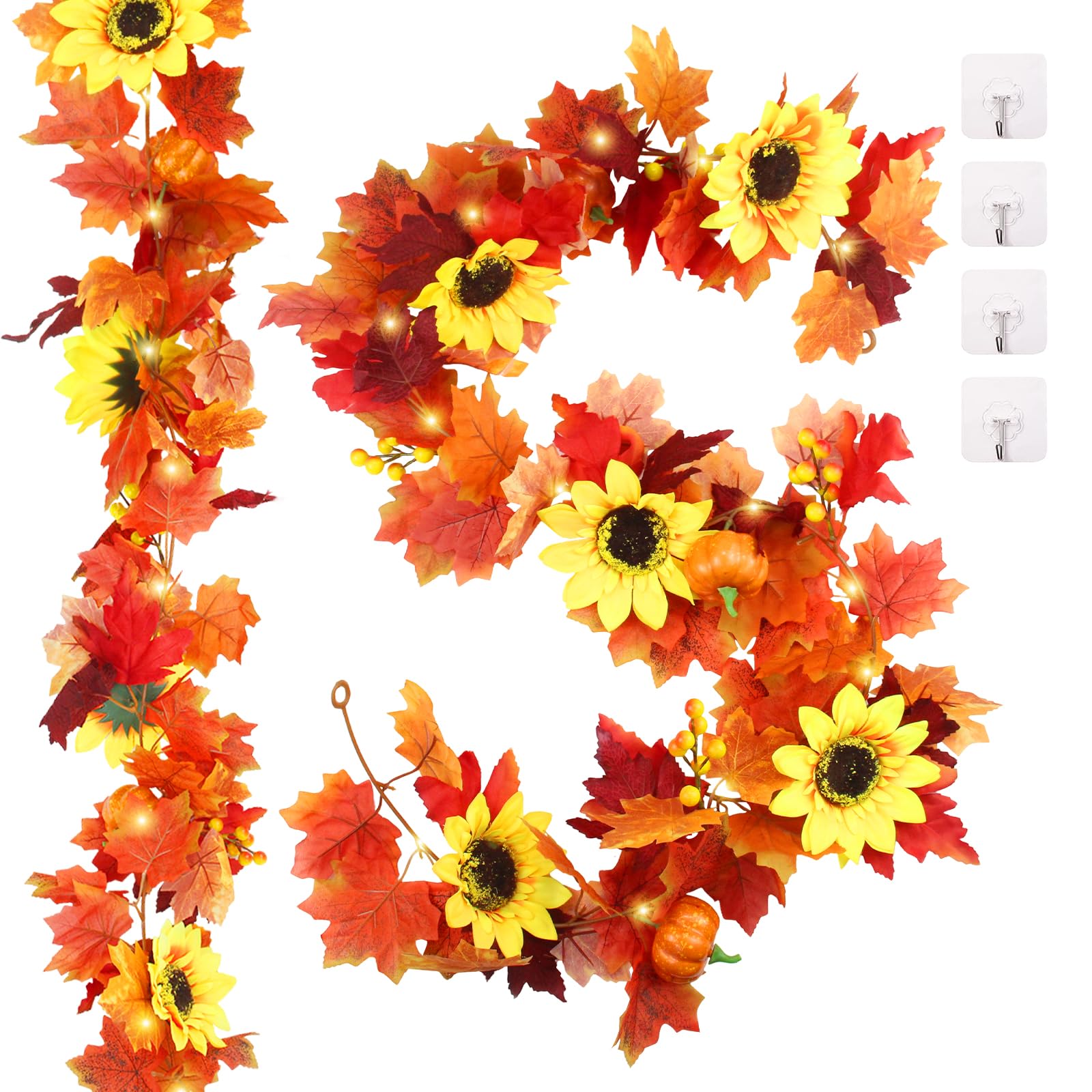 CHENYU 2 Pack Artificial Autumn Maple Leaves Garland - 175 cm Hanging with Fake Sunflowers, Pumpkins - Halloween & Autumn Decor