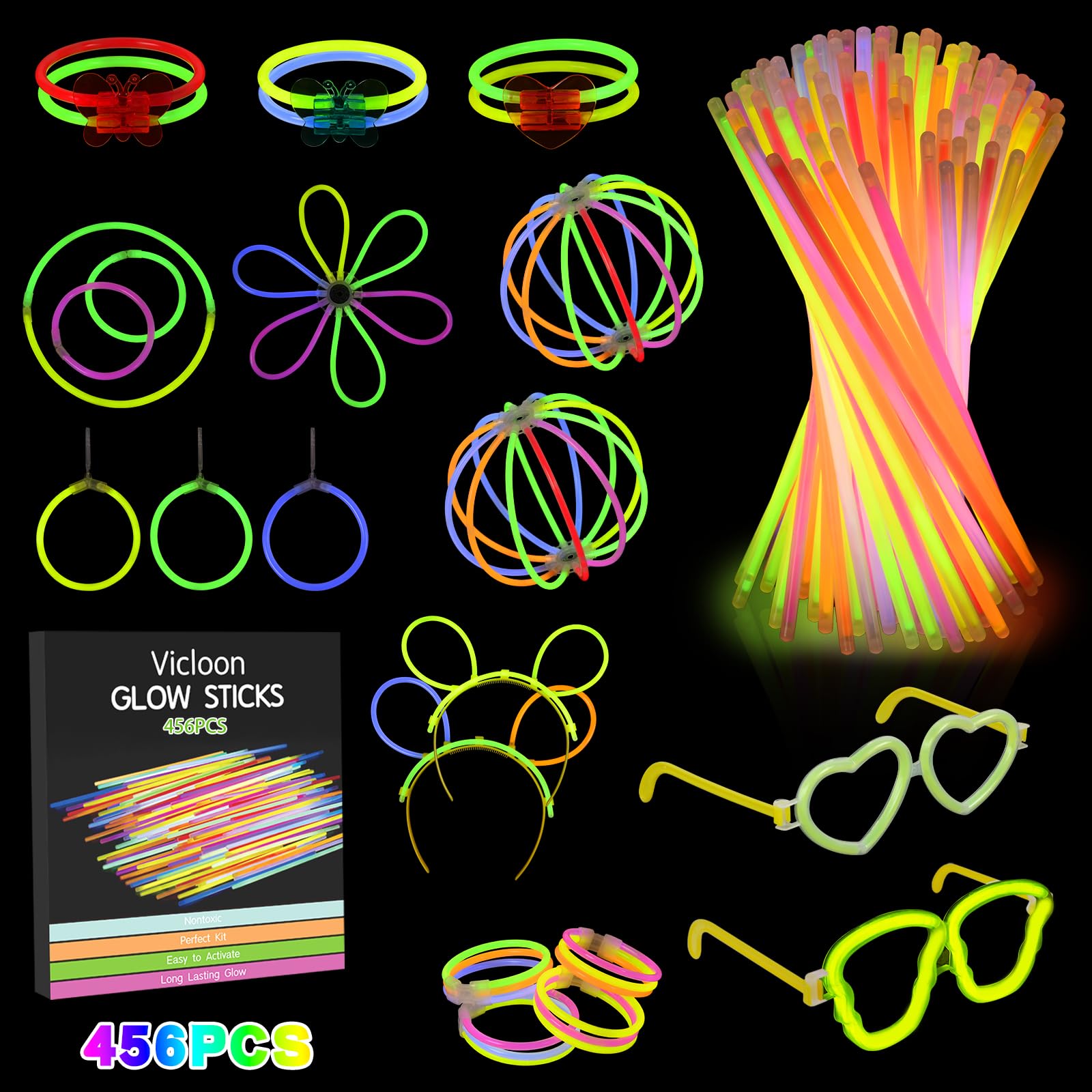 Vicloon Glow Sticks, 456 Pcs Party Pack with Eye Glasses-Bracelet Connectors, Premium Glow Neon Necklaces for Party, Festival, Wedding, Halloween Decoration - Non Toxic