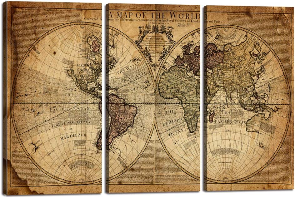 World Map Wall Art Canvas Modern Paintings Globe Maps Home Decor Poster Vintage 3 Pieces Newspaper Background for Living Room Bedroom Decorations with Framed Ready to Hang(24''H x 36''W)