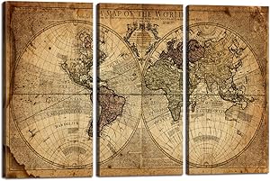 World Map Wall Art Canvas Modern Paintings Globe Maps Home Decor Poster Vintage 3 Pieces Newspaper Background for Living Room Bedroom Decorations with Framed Ready to Hang(24''H x 36''W)