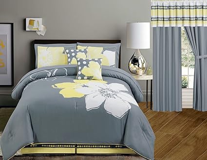 Yellow Grey White Floral Bed In A Bag Queen Size Bedding Sheets