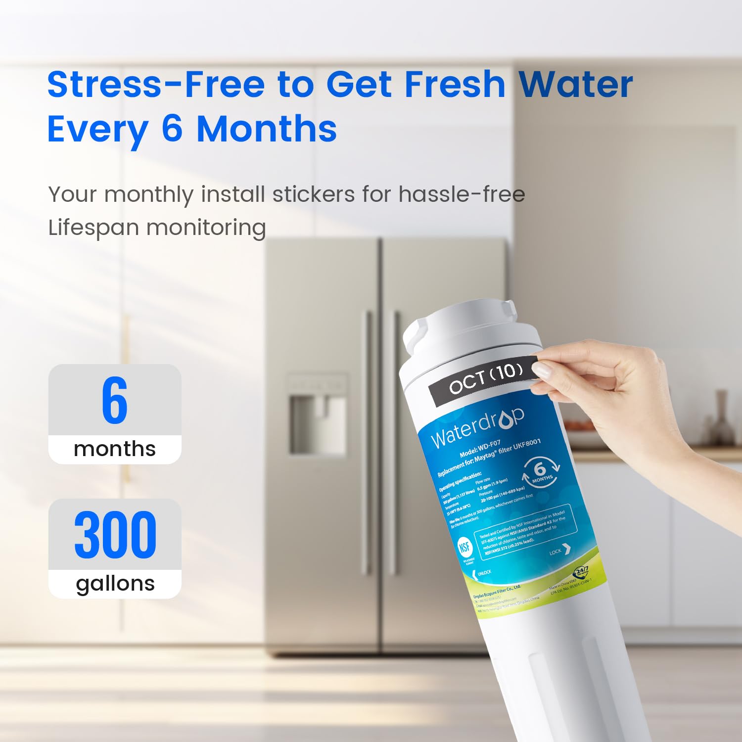 Waterdrop EDR4RXD1 Refrigerator Water Filter Compatible With EveryDrop® Filter 4, Whirlpool