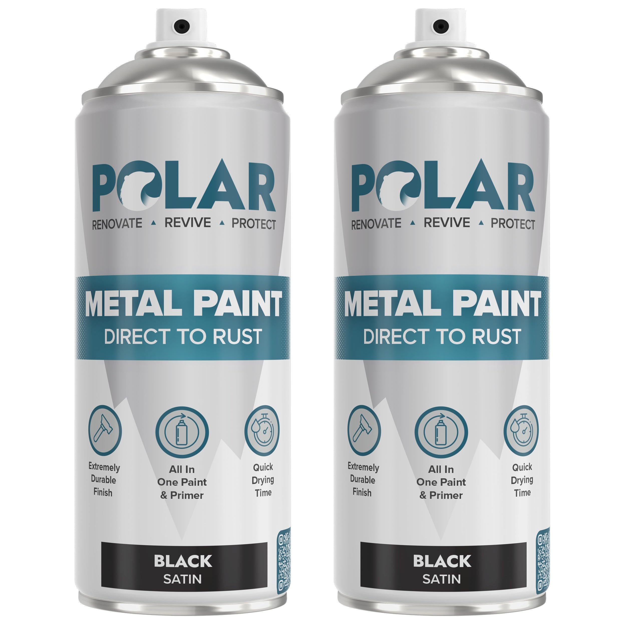 Polar Direct to Rust Metal Spray Paint - 2 x 400ml, Satin Black - Durable All-in-One Paint & Primer - For Outdoor & Indoor - Corrosion Resistant, Tough Protection - Metal Primer