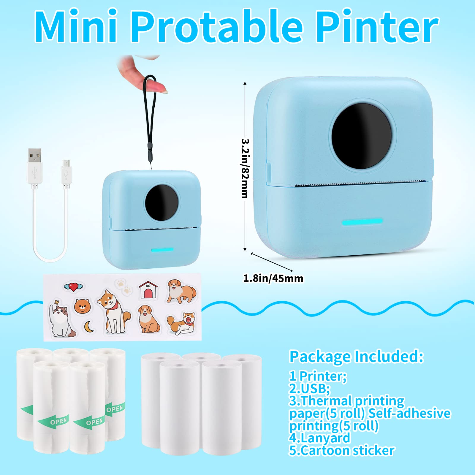 HuiJuKeJi Mini Sticker Printer Bluetooth Smart Pocket Inkless Thermal Printer with 11 Rolls Thermal Paper and Sticker for iOS&Android, Portable Receipt Printer for Photo Journal Notes Memo