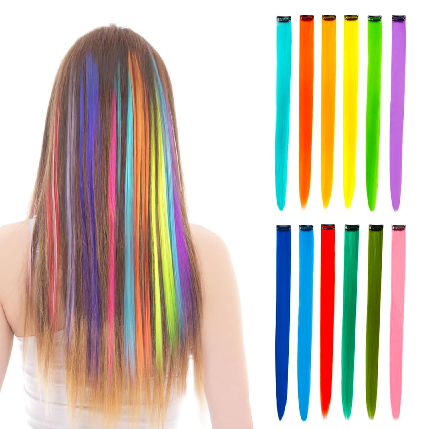Photo 1 of 12 PCS Colored Clip in Hair Extensions - BEAHOT 20 Inches Rainbow Long Straight Hairpieces Clip in Synthetic, Halloween Cosplay Dress Up Fashion Party Christmas New Year Gift for Women Kids Girls