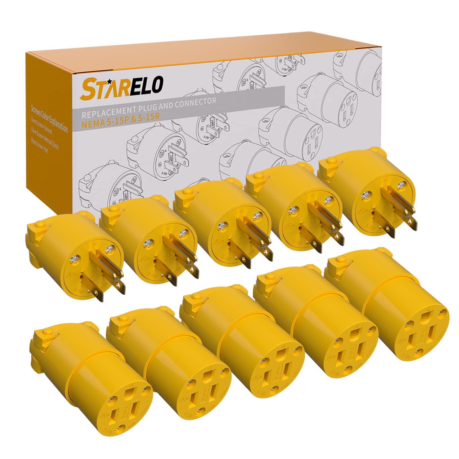 Photo 1 of STARELO Electrical Replacement Plug & Connector Set Extension Cord Ends Yellow Shell 125V 15A 2Pole 3Wire NEMA 5-15P & 5-15R Industrial Grade 3-Prong Straight Blade Grounding Type(5),UL Listed.