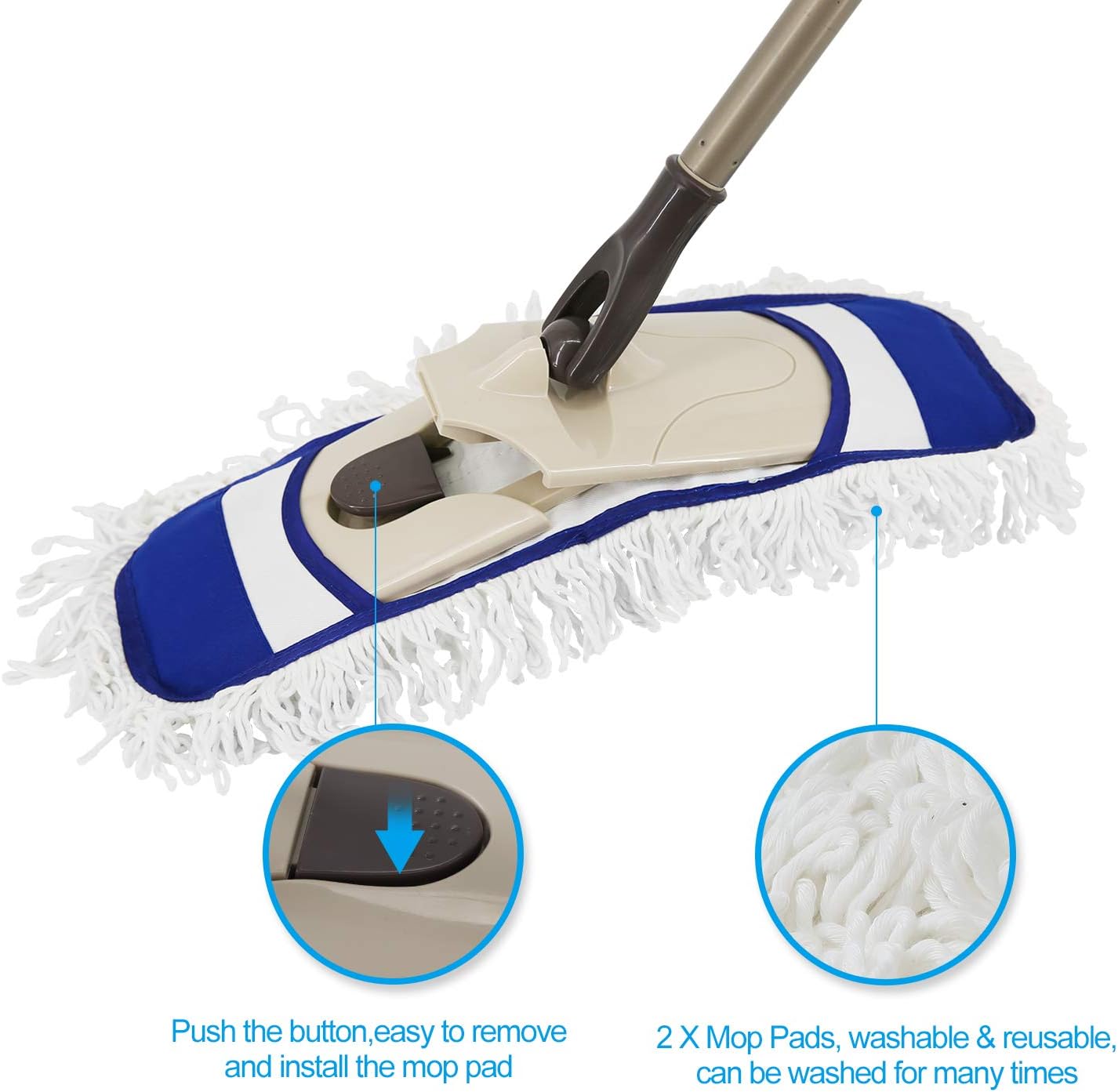 Eyliden Dust Mop, Microfiber Mops for Floor Cleaning, with Hight Adjustable Handle and 2 Washable Mops Pads, Wet & Dry Floor Cleaning Mop for Hardwood, Tiles, Laminate, Vinyl - Dust Broom (Blue): Kitchen & Dining