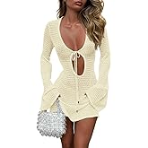 Saodimallsu Womens Crochet Swimsuit Cover Up Long Bell Sleeve V Neck Tie Mesh Knit Summer Beach Dress Vacation Outfits