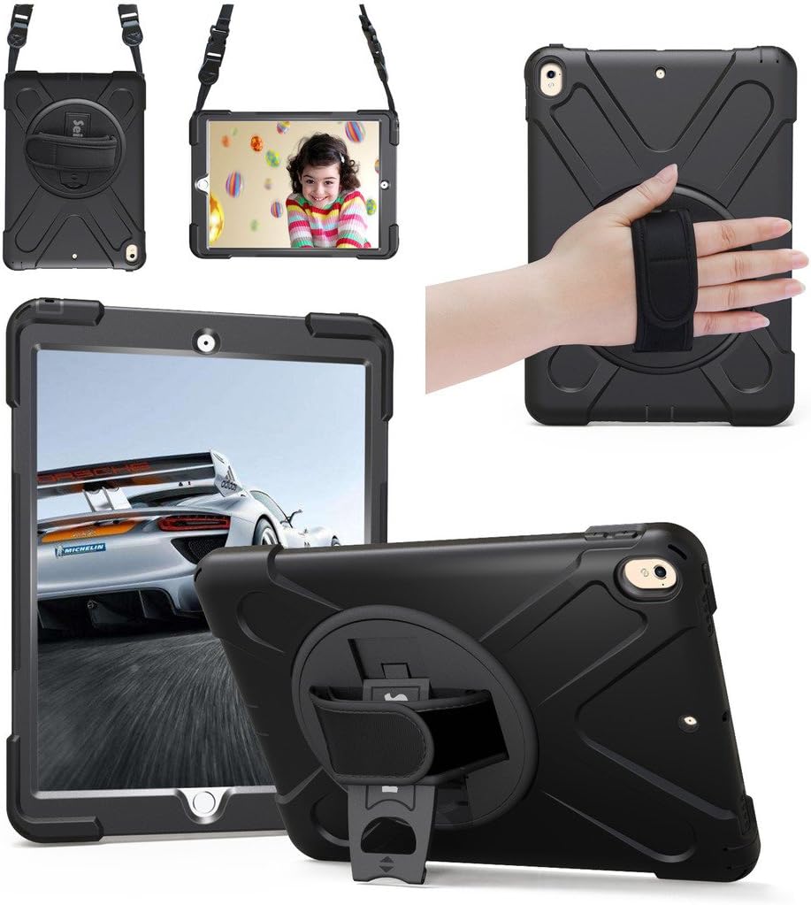 iPad Pro 10.5 Case, Seiorca 360 Degree Rotating Kickstand Heavy Duty Protective Case Cover for Apple iPad Pro 10.5 inch 2017 with Hand/Shoulder Strap & Screen Protector Glass(Black)