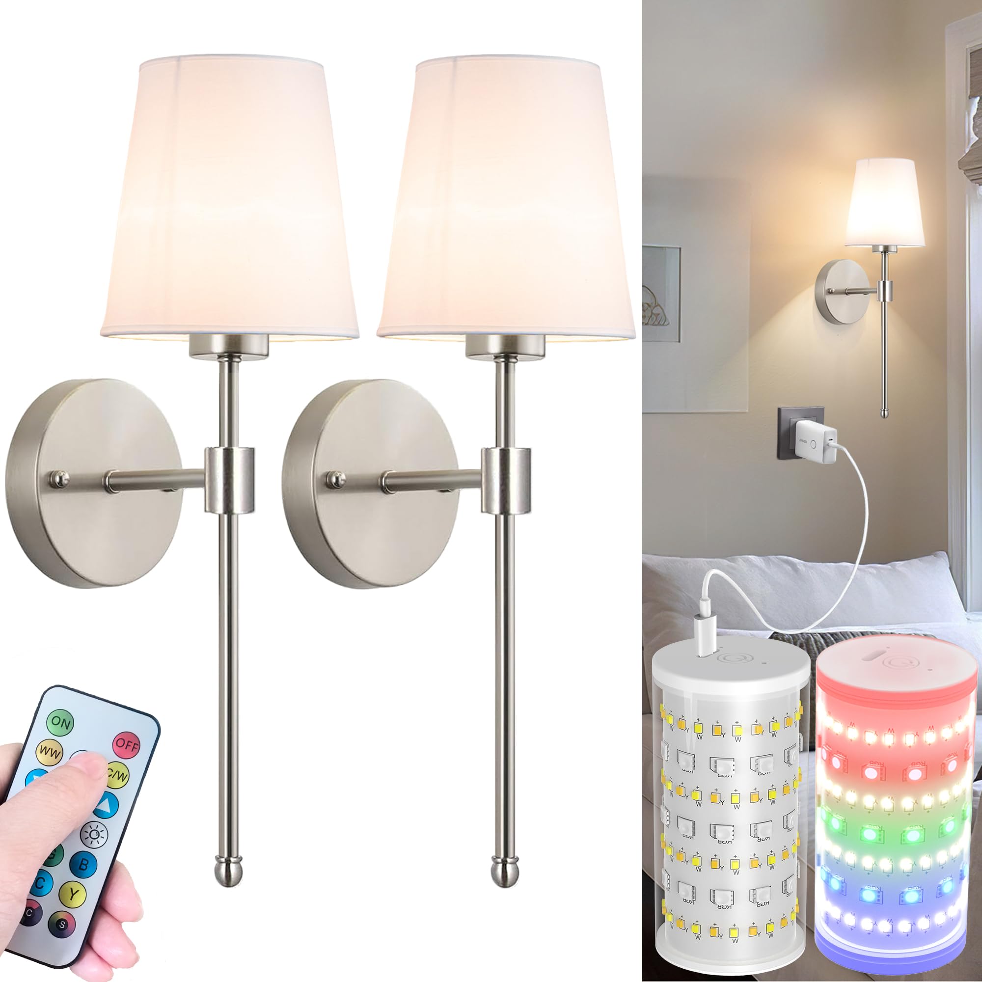 Photo 1 of Battery Operated Wall Sconces Set Of 2, Wireless Battery Wall Light With 10000mAh RGB Rechargeable Magnetic Bulb, Rechargeable Wall Sconce With Remote Control For Bedroom, No Electrician Required