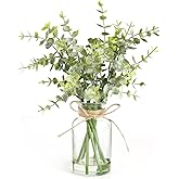 Muhanjia Artificial Eucalyptus Stems in Glass Vase with Faux Water,7Pcs Fake Plant for Centerpiece Bathroom Farmhouse Room Home Decor (Sage Green Eucalyptus)