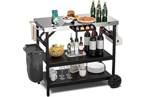 ERGOMASTER Grill Cart Table, Outdoor Kitchen Island on Wheels, Food Prep Table with Adjustable Shelf, Stainless Steel Table Top, Cooking Table for Outside BBQ