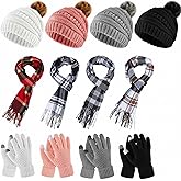 Hicarer 16 Pcs Women Warm Sets Winter Knitted Beanie Hat Buffalo Plaid Scarf Touchscreen Gloves Warm Earmuffs for Men Women (Black, Gray, Pink, Beige,Cute Style)