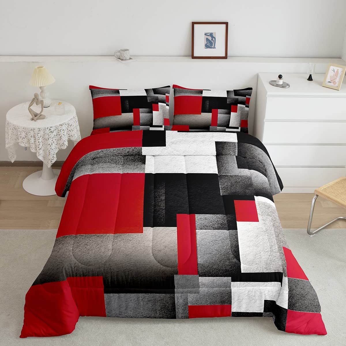 Red Grey Black Buffalo Check Comforter Set Kids Geometric Down Comforter for Boys Bedding Set Breathable Plaid Modern Abstract Art Duvet Insert/Quilt Set Room Decor King