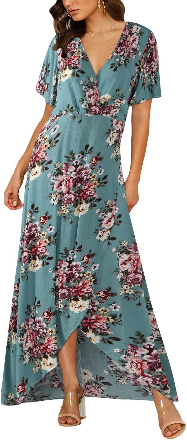 Women Floral Maxi Dress Short Sleeve Sexy Wrap V Neck High Waist Split Sundress Bohemian Beach Cover Up Summer Long Dresses