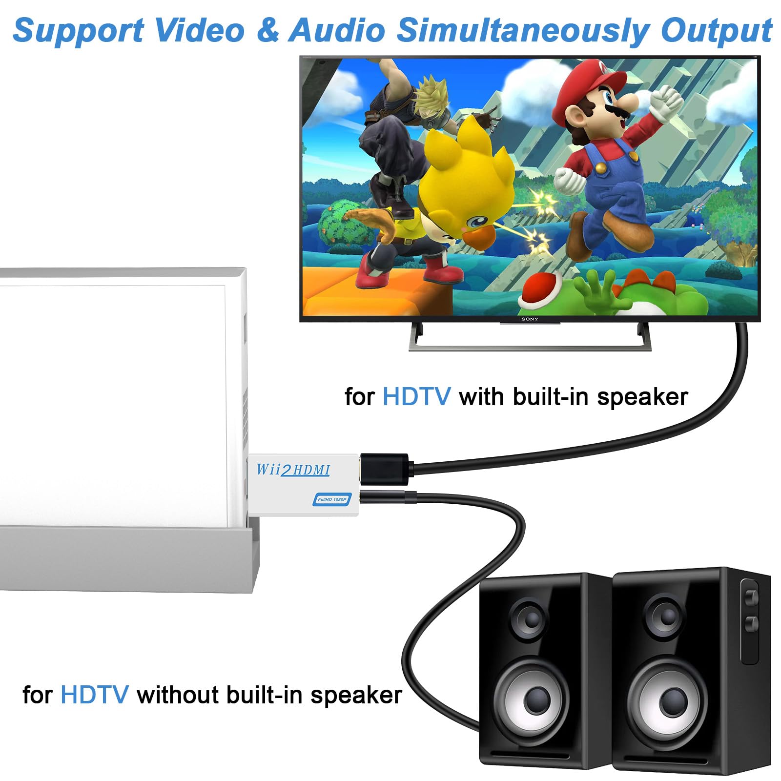 Herfair Wii to HDMI Adapter, 1080P HDMI Converter for Nintendo Wii/Wii U to Smart TV, Supports All Display Modes with 3.5mm Audio Jack Wii2HDMI Video Connector to HDTV (Plug & Play)