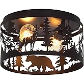 Rustic Farmhouse Flush Mount Ceiling Light with Deer & Bear Design, 2-Light E26 Round Metal Fixture for Kitchen, Bedroom, Foy