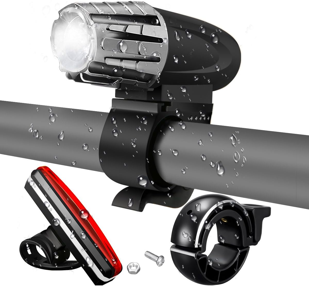 SGODDE LED Bicycle Light Set, USB Rechargeable LED Bike Light, Mountain Bike Light, Cycle Lights,300 Lumen, 4 Modes, Front lights and taillight for safe cycling, (include bike bell)