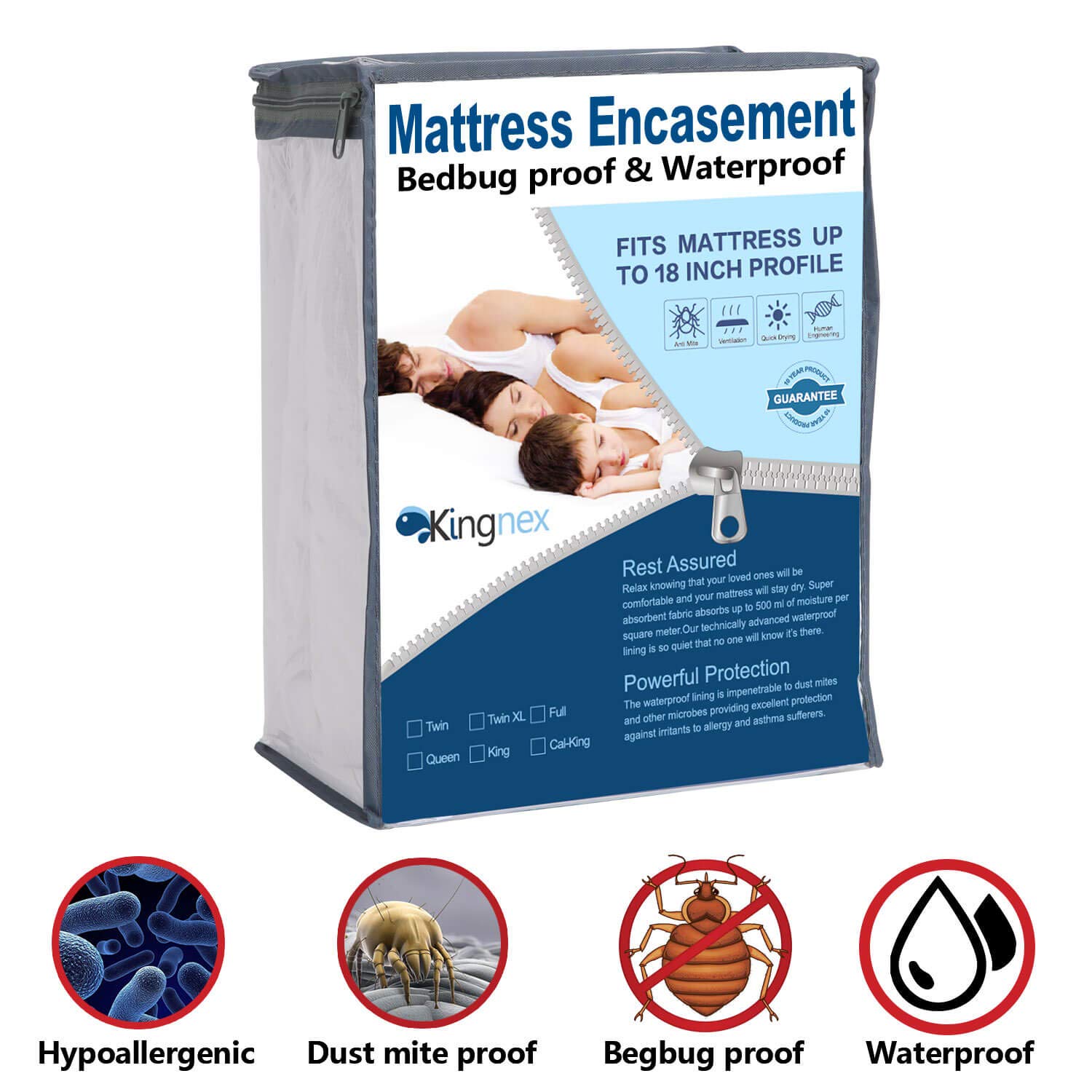 Kingnex Zippered Mattress Protector Bed Bug Proof Hypoallergenic