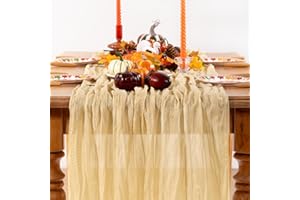 DeZerlor Champagne Gold Cheesecloth Table Runner Fall Table Runner Boho Gauze 120 Inches Champagne Cheese Cloth Fall Table Decorations for Thanksgiving Wedding Bridal Baby Shower Parties