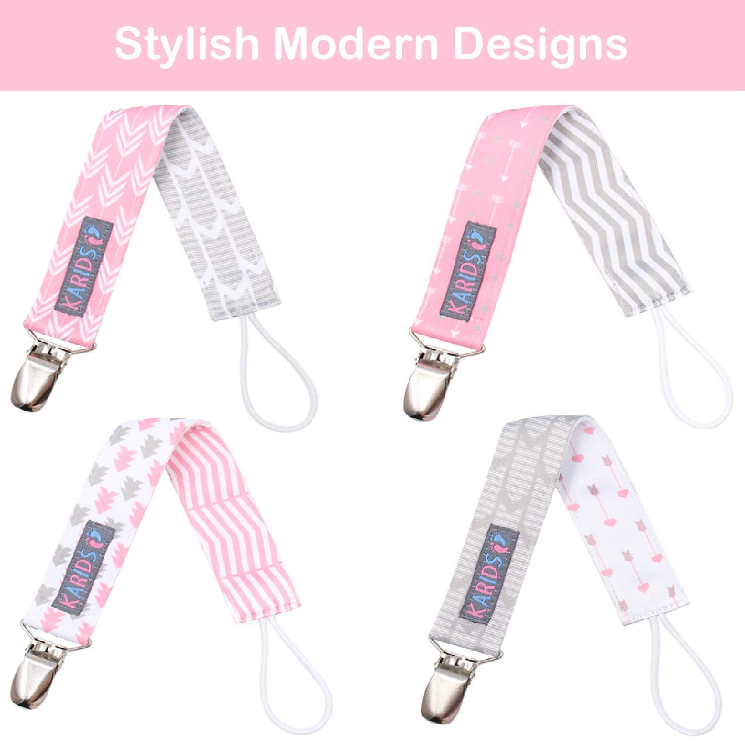 Pacifier Metal Clip (4 Pack) for Babies, Infants, and Toddlers - Unisex Modern Pacifier Holder for Binky, Soothie, Toys - Cute Durable Lightweight Baby Accessory Baby Girl Gifts -Girl Pack- : Baby