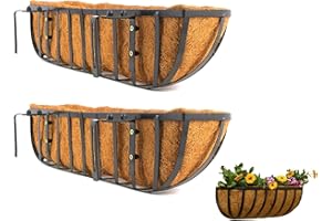 LAVZAN Planter Basket for Deck Railing,Black Metal Hanging Planter Basket with Coco Coir Liner Metal Window Planter Plant Holder Flower Pots (24 in / 3PCS)