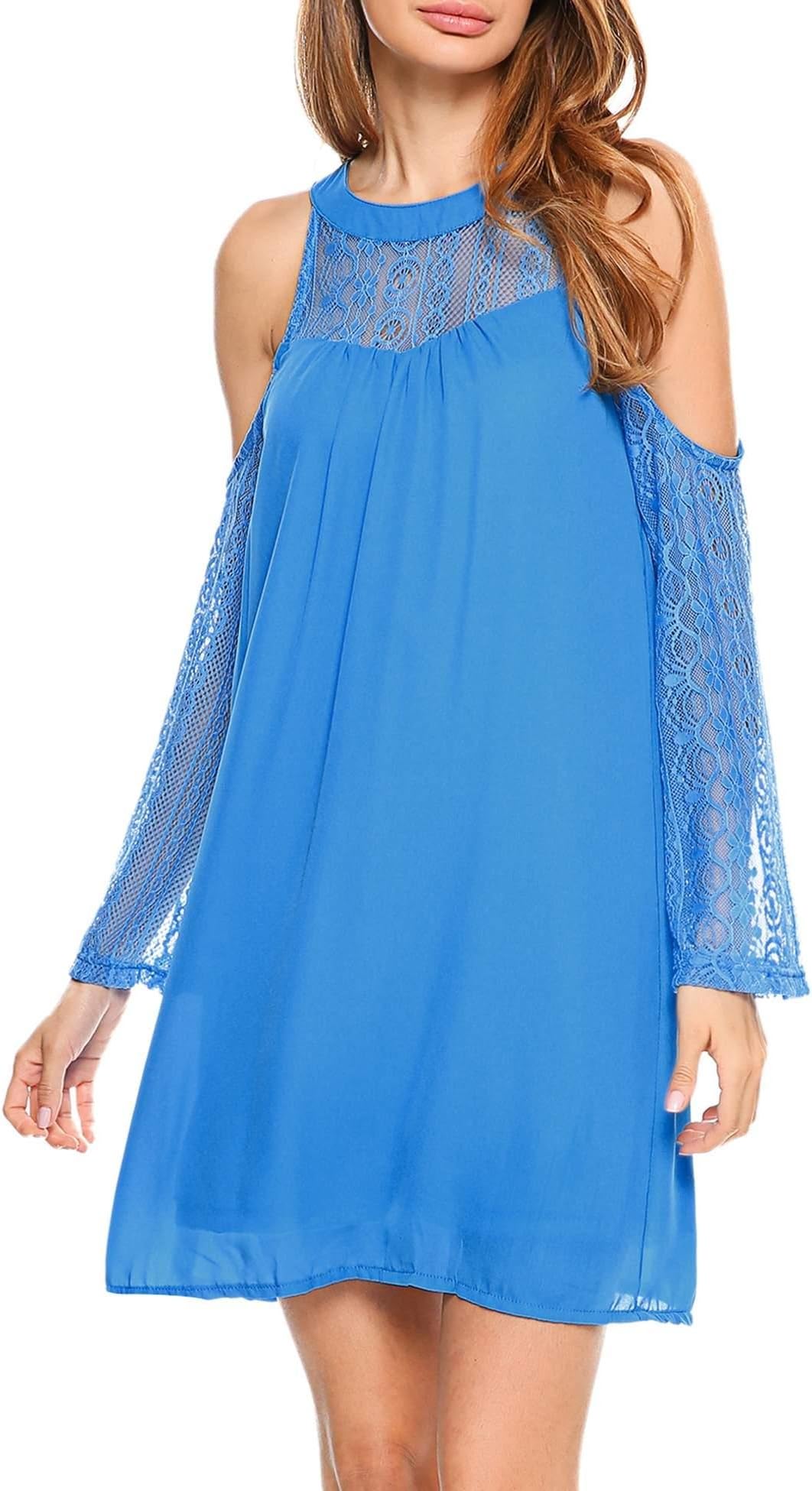 ACEVOG Women's Cold Shoulder Lace Chiffon Mini Patchwork Loose Casual Dress