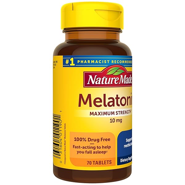NATURE MADE MELATONIN 10MG MAXIMUM STRENGTH TABLETS, 100% DRUG FREE SLEEP AID FOR ADULTS, 70 COUNT, 70 DAY SUPPLY