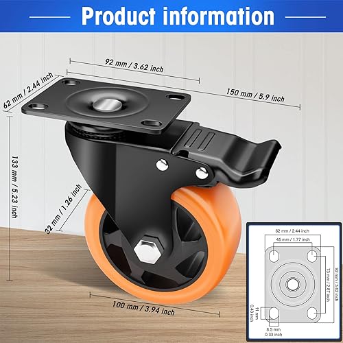 2inch L-Shaped Caster Wheels, Side Mount Casters Set Of 8, Heavy Duty Casters With Brake, Double Bearing Locking Polyurethane(PU) Wheels For Baby Beds/Cabinets/Furniture(8 Pack In Dubai - UAE | Plate Casters - View #3