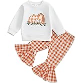 TUSFTAY Baby Girl Halloween Outfit Long Sleeve Pumpkin Tops and Plaid Flared Pants Toddler Girl Fall Winter Clothes