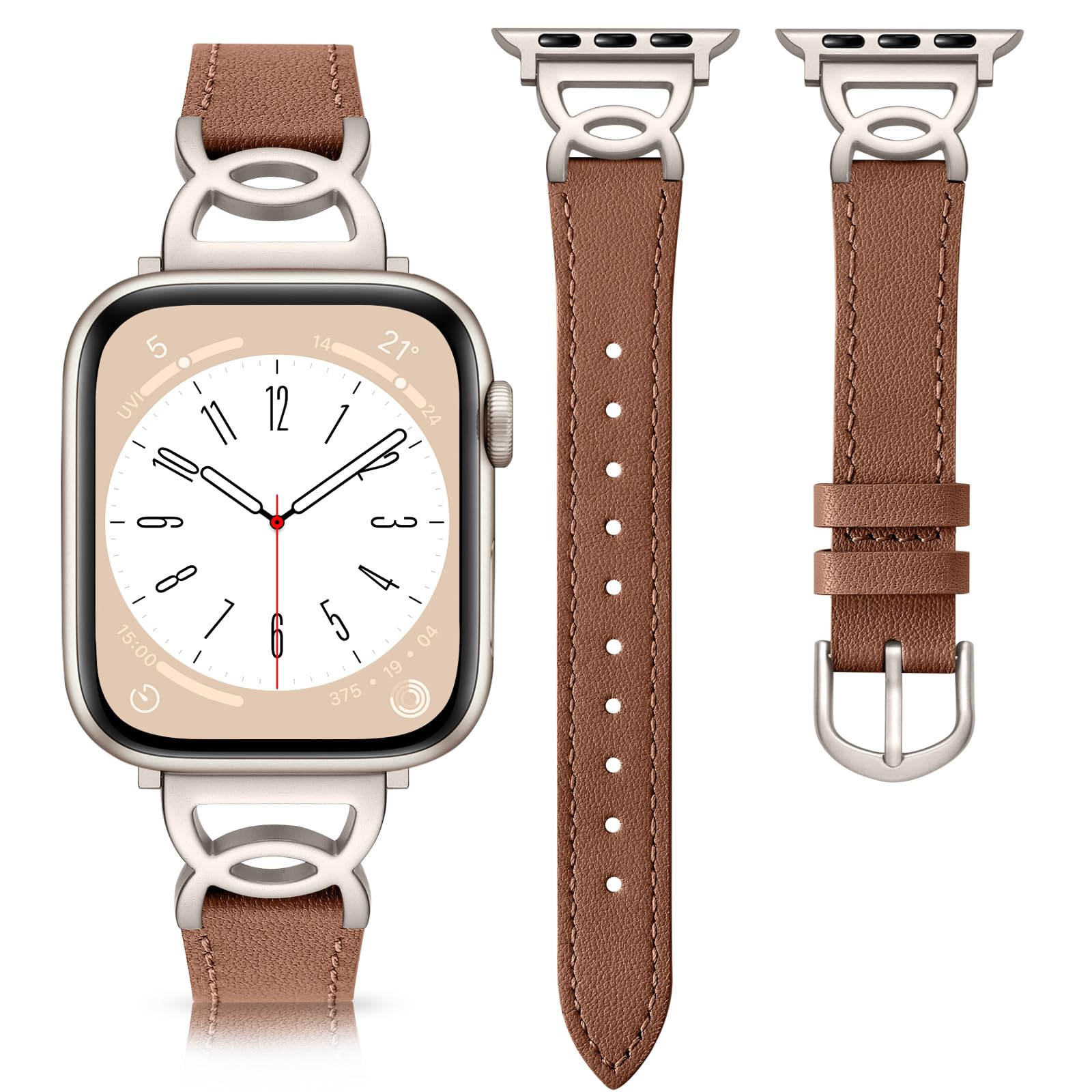 DaQin Slim Leather Band Compatible with Apple Watch Bands for Women 40mm 38mm 41mm 42mm, Dressy Leather Strap with Designer DC-shaped Buckle for iWatch Bands Series 11 10 9 8 7 6 5 4 3 2 1 SE,Brown