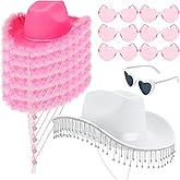 Panitay 14 Pcs Bridal Cowgirl Party Set Bachelorette Feather Cowgirl Cowboy Hat Heart Shaped Sunglasses Bride Fringes Hat