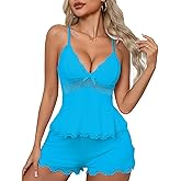 Crexomi Women's Sexy Pajama Set Lace V Neck Camisole Lingerie Nightwear Cami PJ Sets with Elastic Waist Slit Shorts