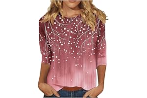 KICILVS 3/4 Sleeve Tops for Women Casual Boho Floral Printed T-Shirt Round Neck Cute Tops Elbow Length Sleeve Tops
