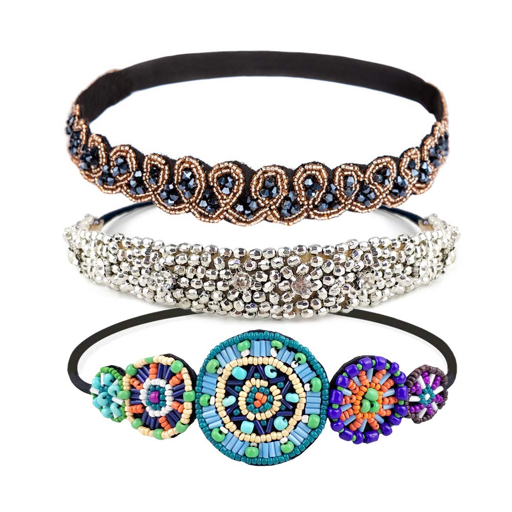 Women’s Headbands/Hairbands, Rhinestone Beaded Elastic Headband for Women Hair Accessories, Handmade vintage headbands Fits for Most, 3 Styles (grace)