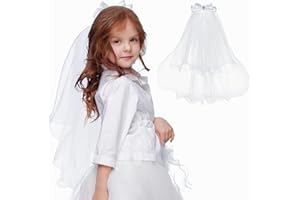 SWEETV First Communion Veil 1st Communion Veils For Kids Flower Girl Bow Headband Veil Holy Headpiece Wedding Catholic Party