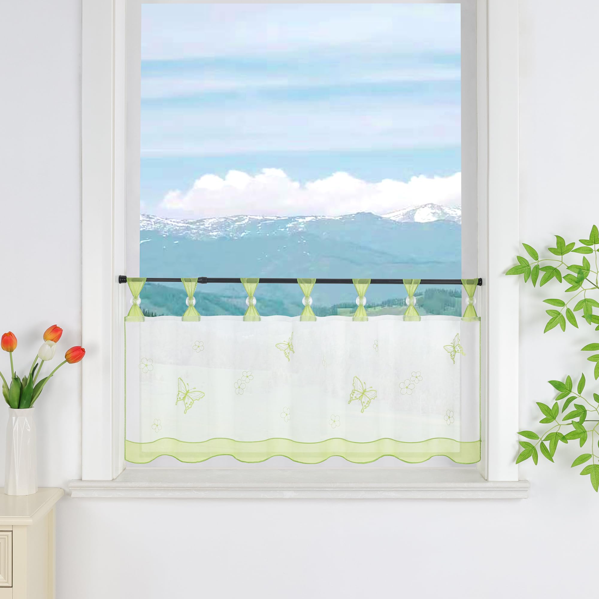 Delien Net Curtain, Voile Bistro Curtains with Loops, Kitchen Short Curtain, Embroidery Butterfly Transparent Rod Curtain, Short Curtain, W x H 120 x 45 cm, Green