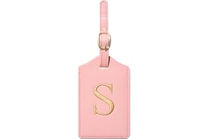 CHOIEO Initial Luggage Tag, PU Leather Luggage Tag, Embroidered Luggage Tag, Letter Luggage Tag, Monogrammed Luggage Tag, Luggage Tag for Baggage Bag Suitcase (S, Pink Leather+Champagne Gold Letter)