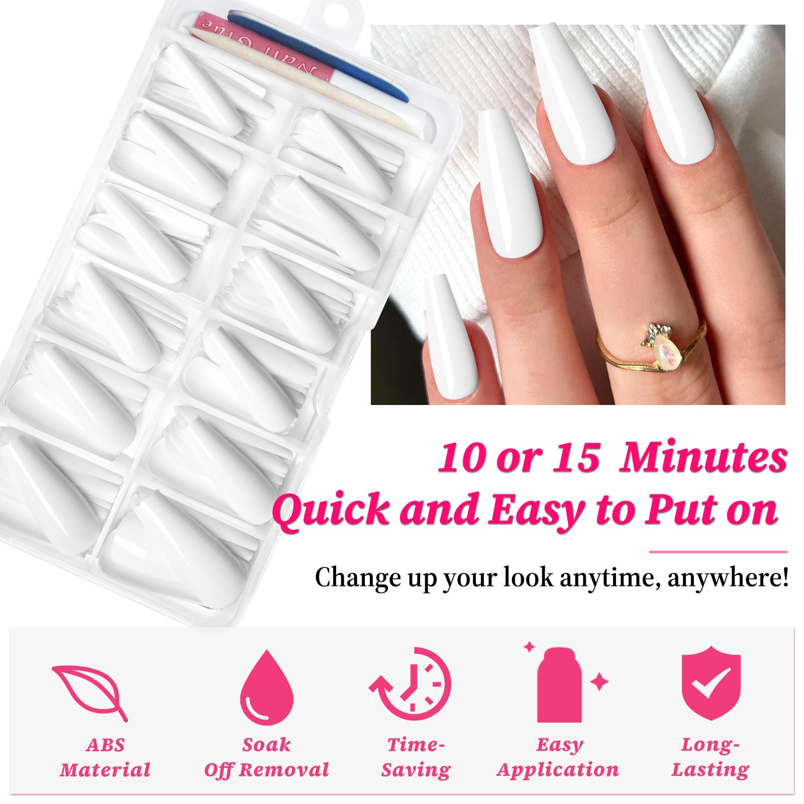 Lifextol 120PC White Coffin Press on Nails Long Fake Nails Press ons with Glue Nail Adhesive Tabs, 12 Sizes Long Acrylic Nails Press on Nails Coffin White Stick Nails Tips Artificial Fingernails - Image 3