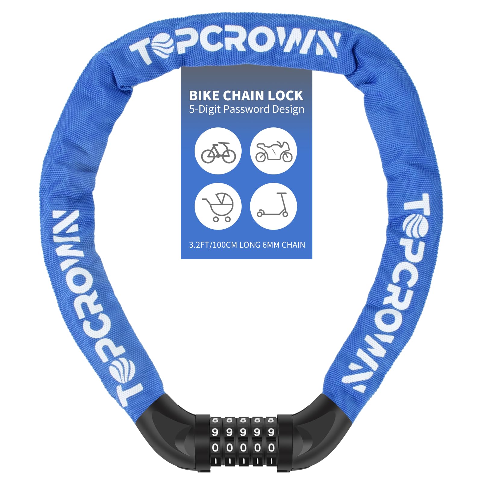 Bike Chain Lock 3.2 ft Long High Security Heavy Duty Anti Theft, 5 Digit Combination Resettable Keyless Bicycle Lock for Bike/Electric Scooter/Ebike/Motorcycle (Blue)