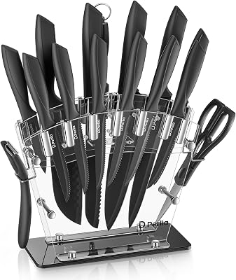 Couteau de Cuisines 16 Pièces, Acier, Revêtement Antiadhésif, Noir