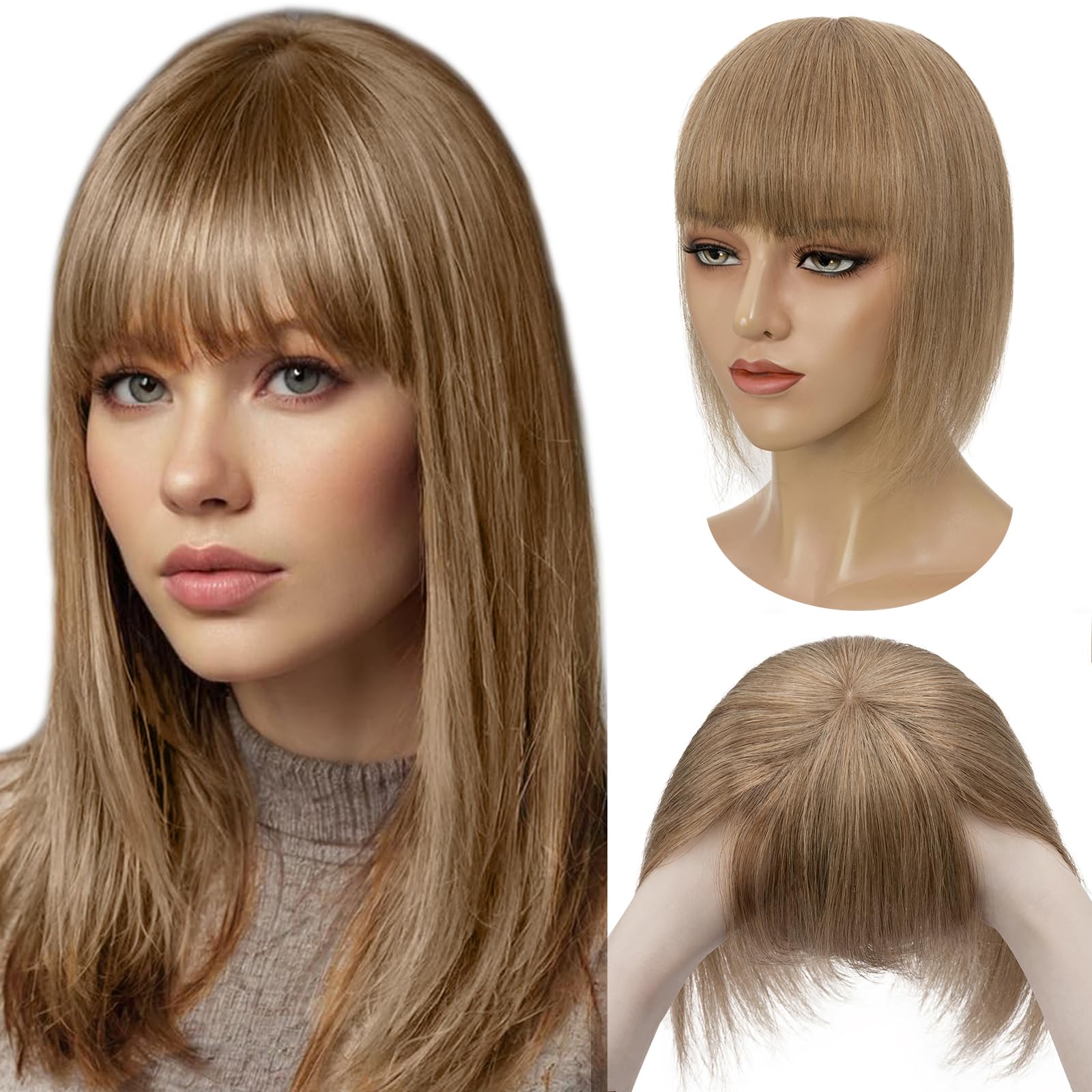 Elailite Hair Toppers for Thinning Hair Women Real Hair with Bangs - Crown Hair Extension Invisible Hairpiece Real Human Hair Clip in Mono Base (#06 Light Brown, 12 inch) — image 1