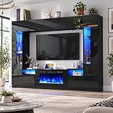 St.Mandyu 107" Wall Unit Entertainment Center with Fireplace for 85 inch TV, Modern High Glossy TV Stand with LED Lights, Media Console with Wine Storage &amp; Bookshelves,Black