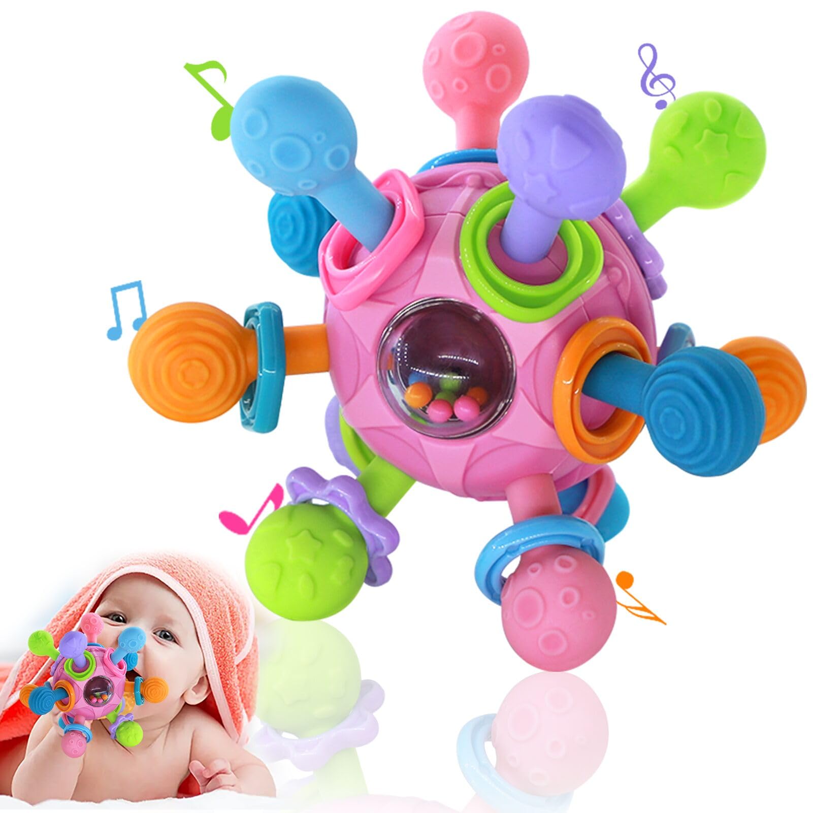 Baby Toys 0-6 Months-Sensory Teething Toys for Baby, Montessori Newborn Baby Rattles 0 6 Months with Shaker/Grab/Spin, Girls Boys Christmas Gifts for 3 9 12 Month, Teether Chew Ball - Pink