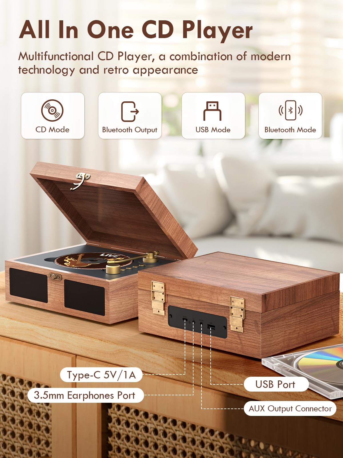 CD Player with Speakers Bluetooth Nostalgic Portable CD Players Support Bluetooth in & Out, Retro CD Player for Home with Remote Control Headphone Jack Brown