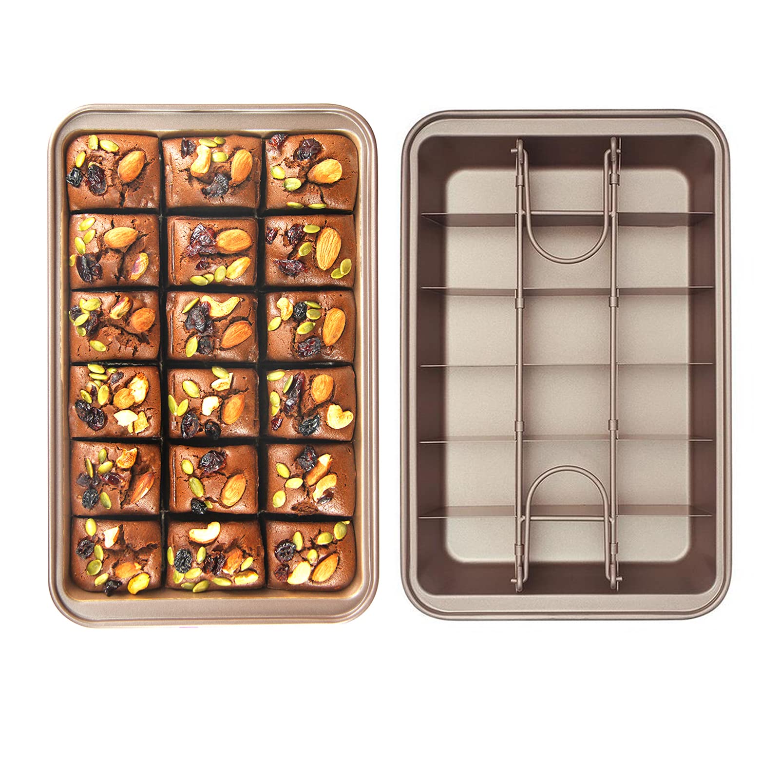 JIUAI Brownie Tin Non-Stick Brownie Pan with Dividers Traybake Tin-Precut Brownie Tray for Professional Slices Baking Tray 18-Cavity,Tray Bake tins for Baking Square Cake - 12 Inches Brown