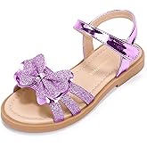 PANDANINJIA Girls Sandals, Open Toe Cute Bow Princess Girls Flats, Sparkly Summer Dress Shoes Sandals for Toddler/Little Kid/Big Kid