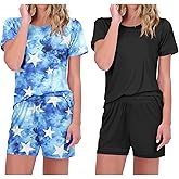 Ekouaer 2 Pack Pajamas Short Sleeve Top with Shorts Sets Comfy Pjs Lounge Sets Sleepwear for Women